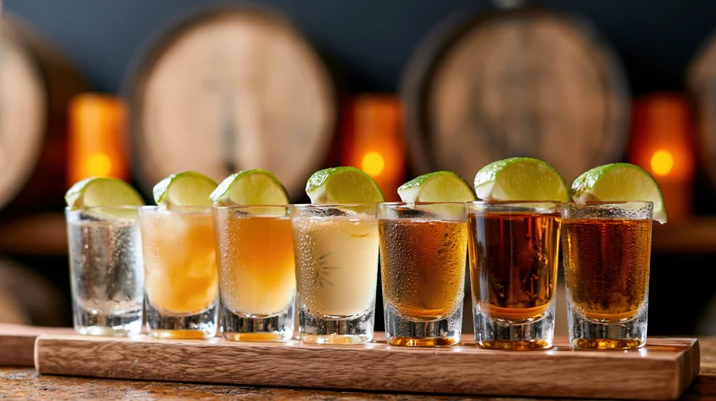 Seven tequila shots with lime garnish arranged in a row on a wooden tray in a bar setting