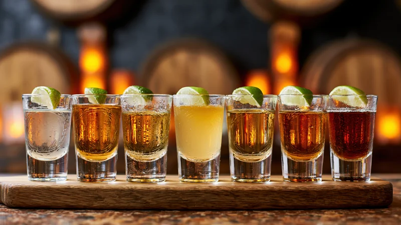 Seven tequila shots in glasses with lime garnish arranged in a row on a wooden tray at a bar