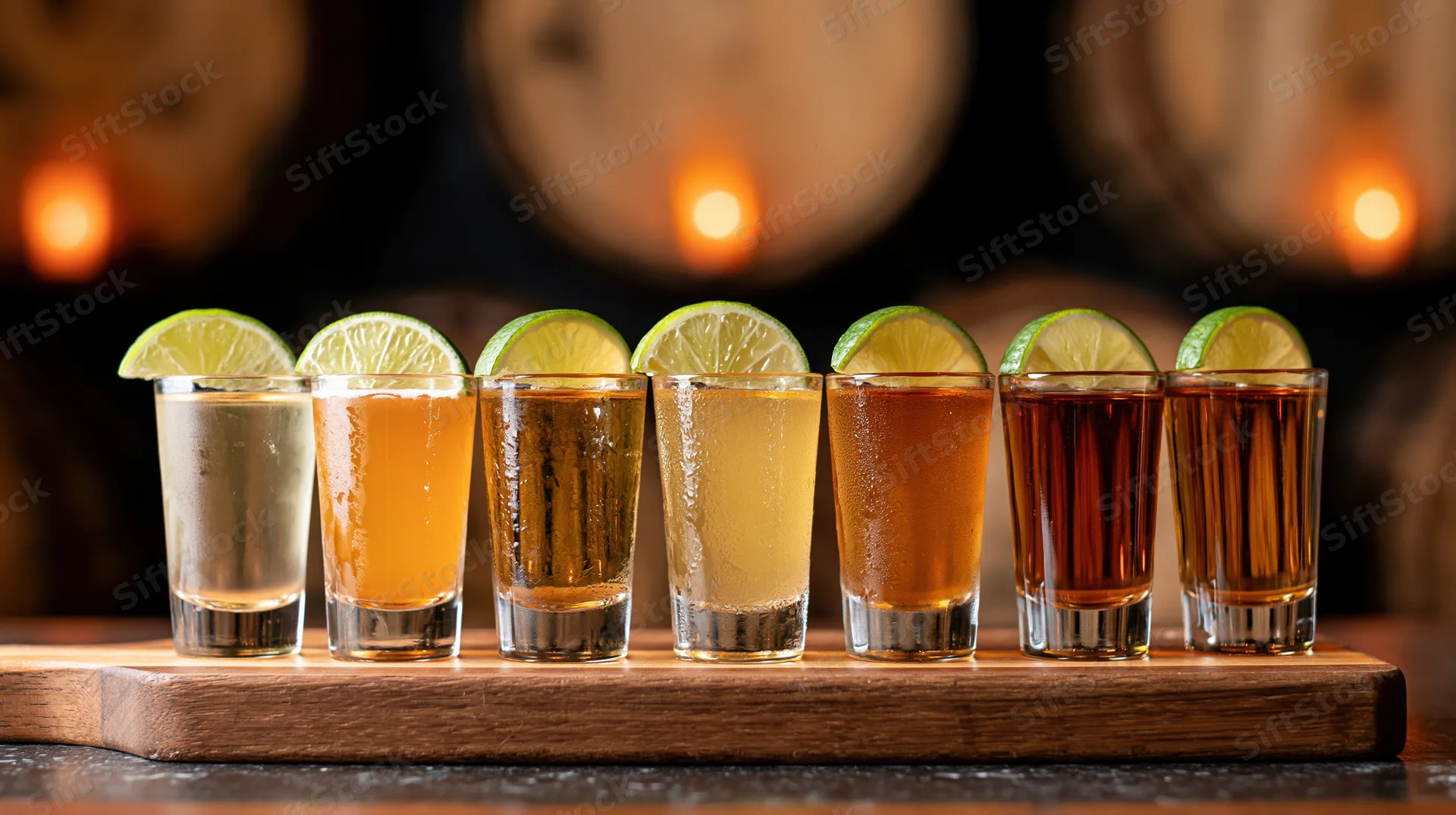 Seven tequila shots in a row on a wooden board with lime garnish in a dimly lit bar setting