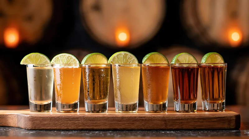 Seven tequila shots in a row on a wooden board with lime garnish in a dimly lit bar setting