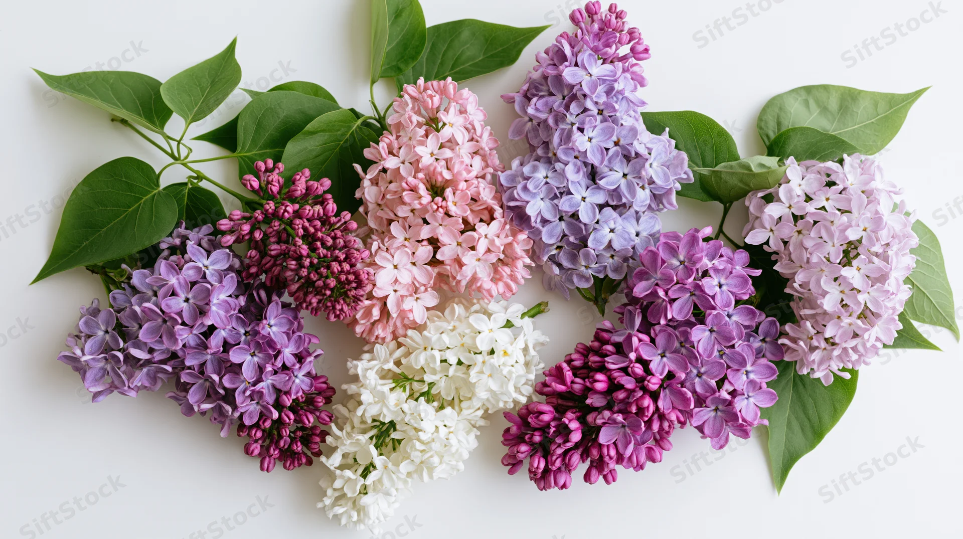 Cut lilac flower clusters arranged loosely on a plain white surface
