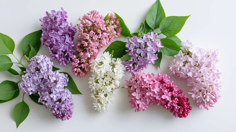 Cut lilac flower clusters arranged loosely on a plain white surface
