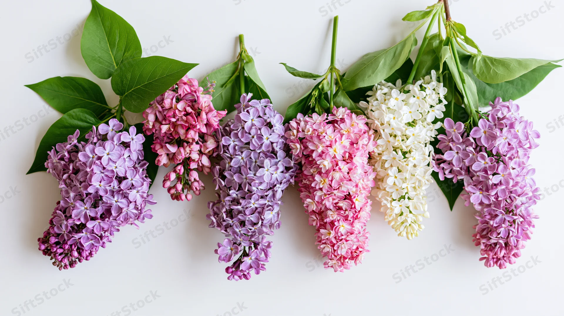 Cut lilac flower clusters arranged in a row on a white surface