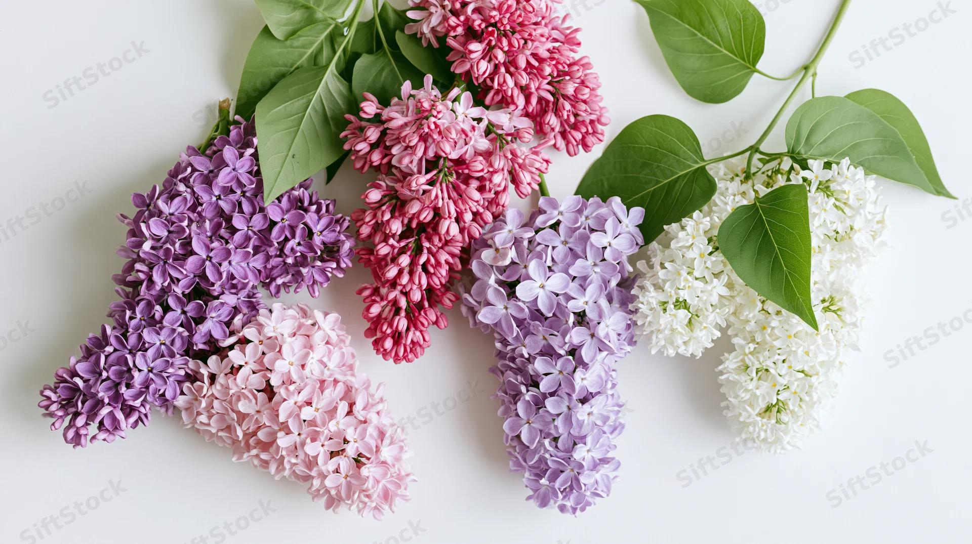 Cut lilac flower clusters arranged loosely on a plain white surface