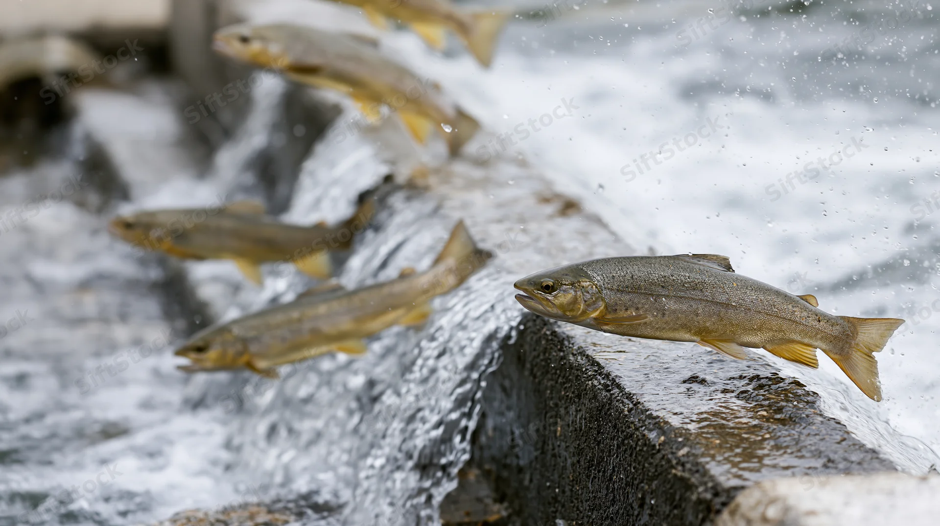 Golden trout leaping over wet concrete in a rushing river