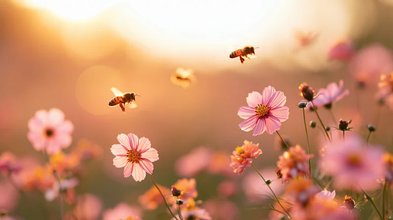 Honeybees flying over pink cosmos flowers in a meadow at sunset