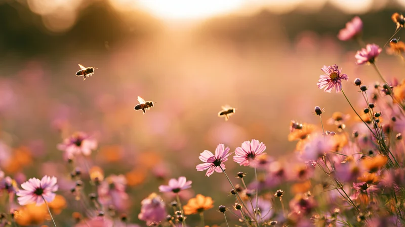 Honeybees flying over a meadow of pink and orange cosmos flowers at sunset