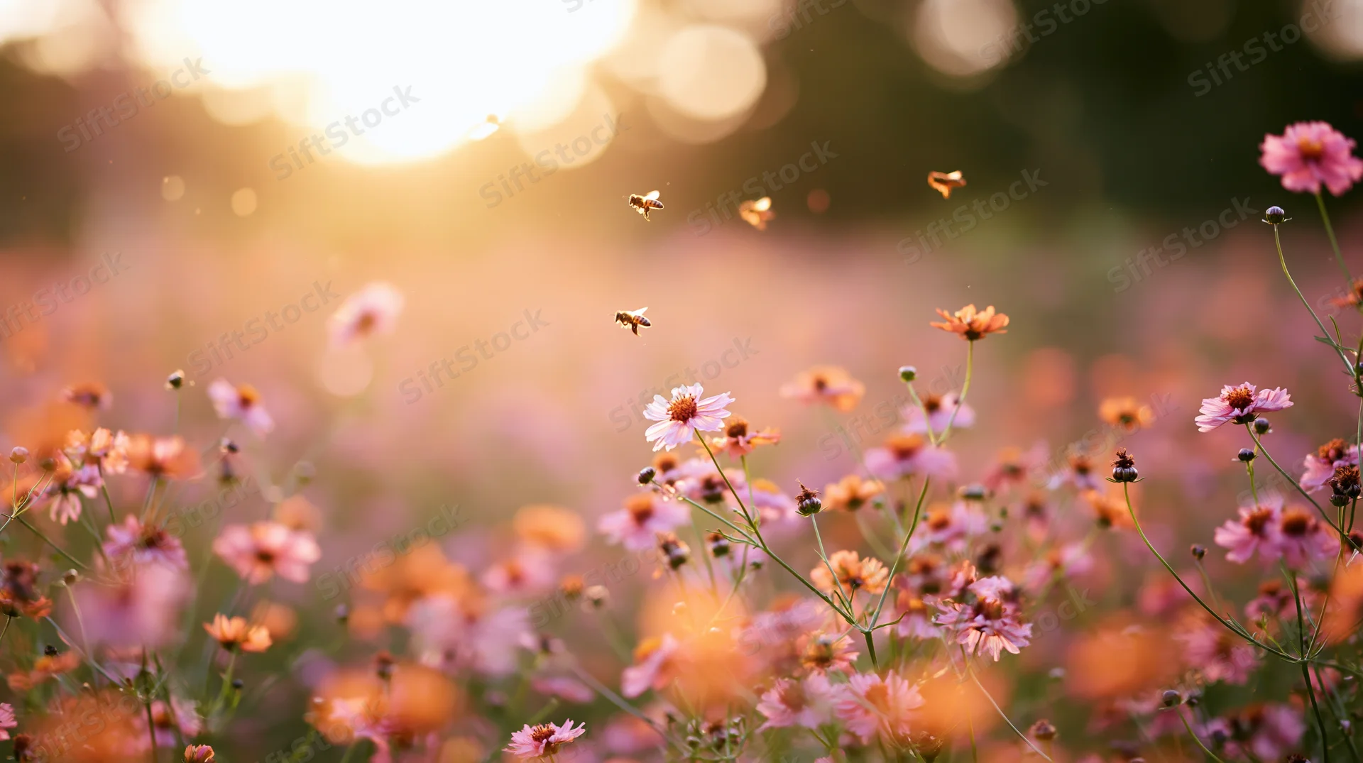 Honeybees flying over a field of pink and orange wildflowers at sunset