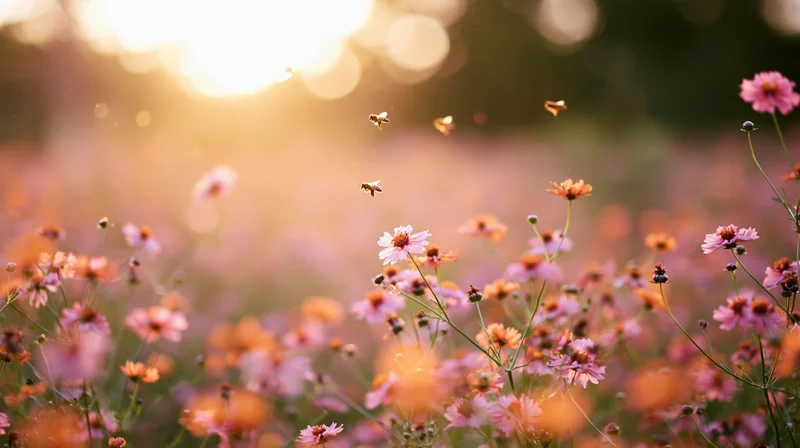 Honeybees flying over a field of pink and orange wildflowers at sunset
