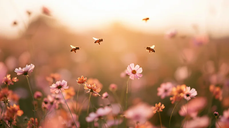 Honeybees flying over a meadow of pink and orange cosmos flowers at sunset