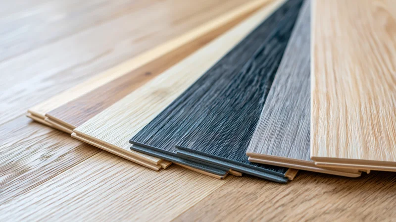 Fanned laminate and vinyl flooring sample planks arranged on wooden floor for selection