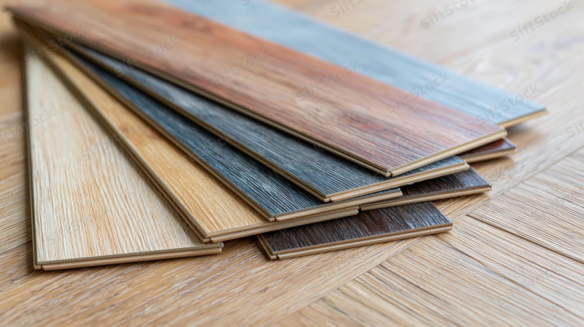 Fanned laminate and vinyl flooring sample planks on wooden floor surface