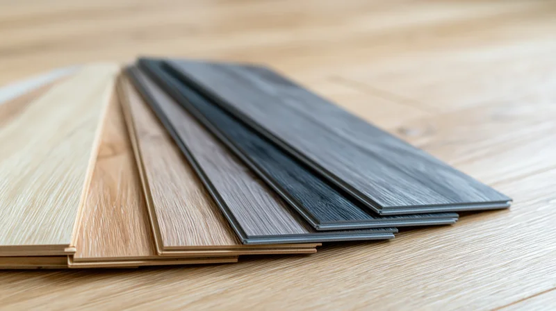 Fanned laminate and vinyl flooring sample planks on wooden floor for selection