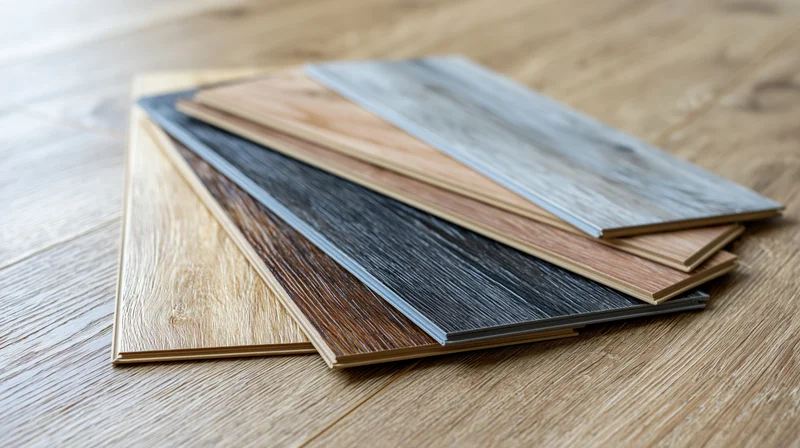 Several laminate and vinyl flooring sample planks fanned out on a wooden floor for selection