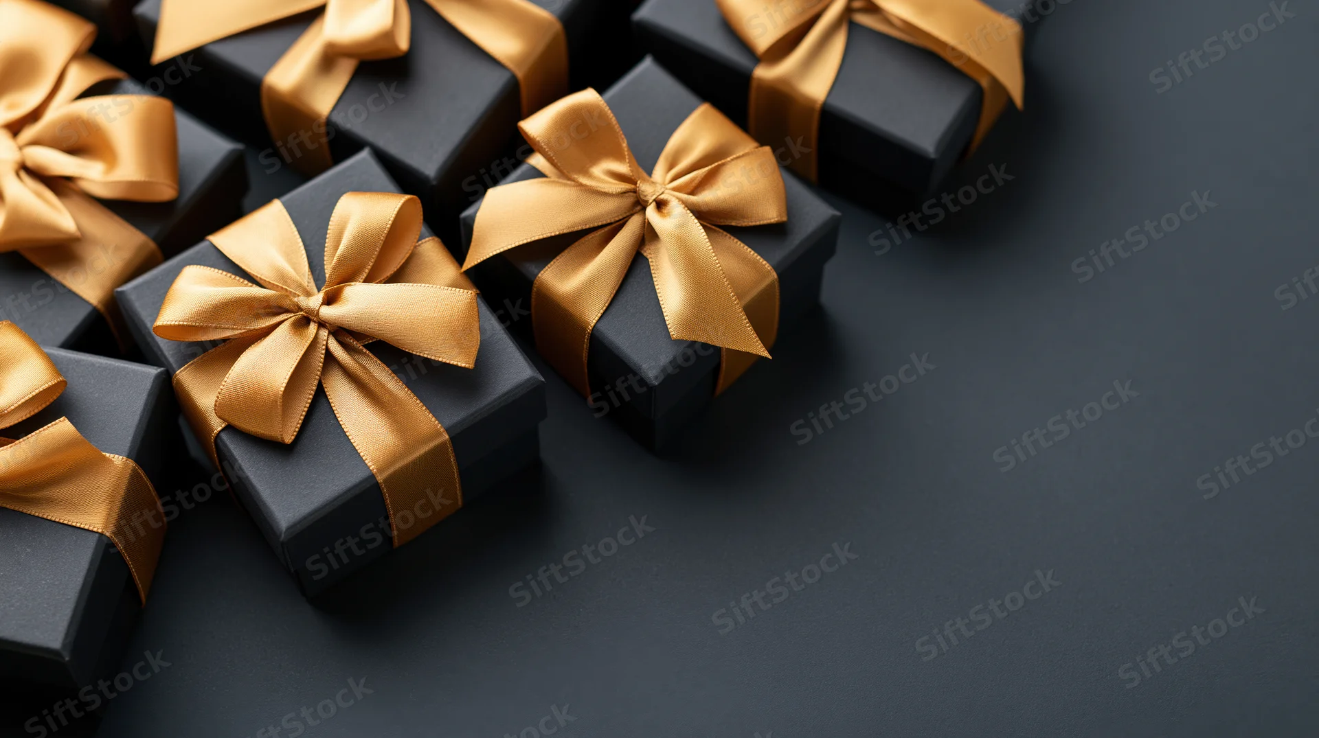 Matte black gift boxes tied with gold satin ribbons arranged on dark surface