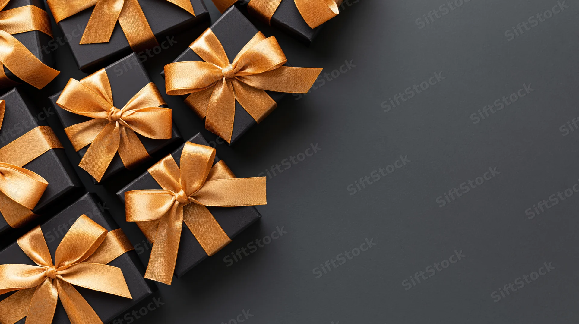 Matte black gift boxes tied with gold satin ribbons arranged in corner on dark surface