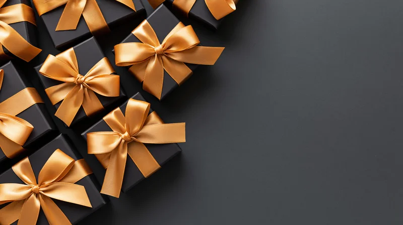 Matte black gift boxes tied with gold satin ribbons arranged in corner on dark surface