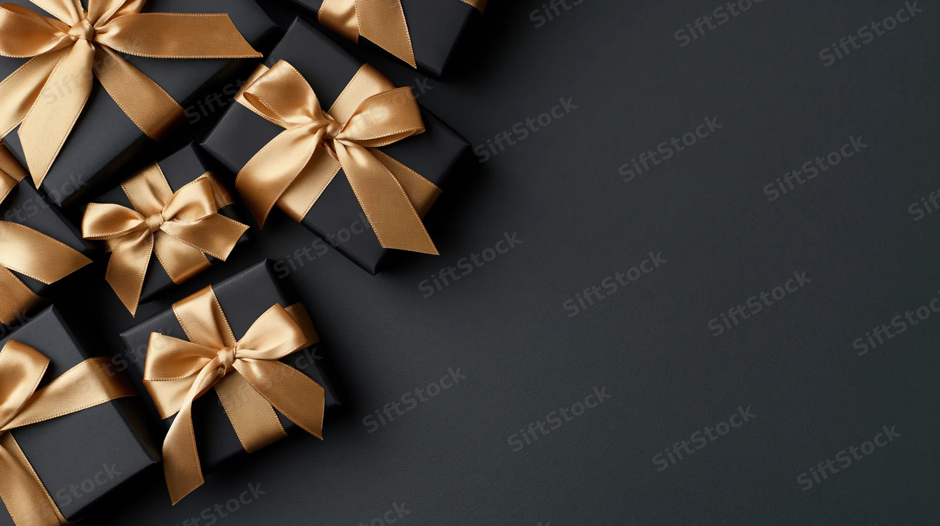 Matte black gift boxes with gold satin ribbons arranged in corner on dark surface