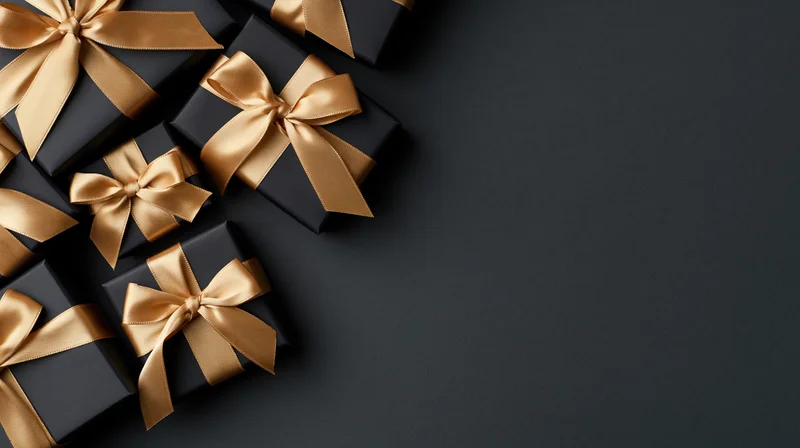 Matte black gift boxes with gold satin ribbons arranged in corner on dark surface
