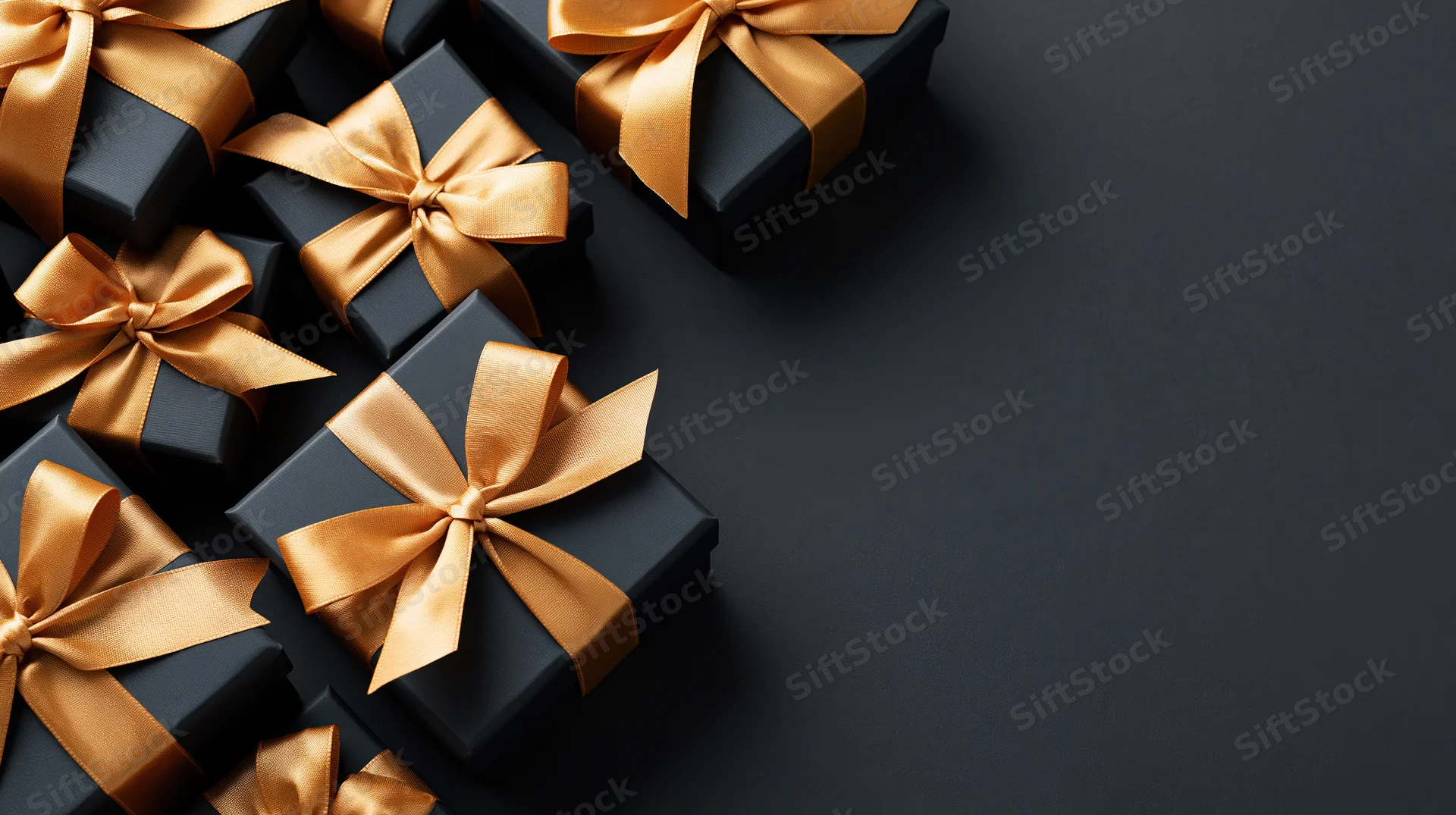 Matte black gift boxes tied with gold satin ribbons arranged in a cluster on a dark surface with copyspace