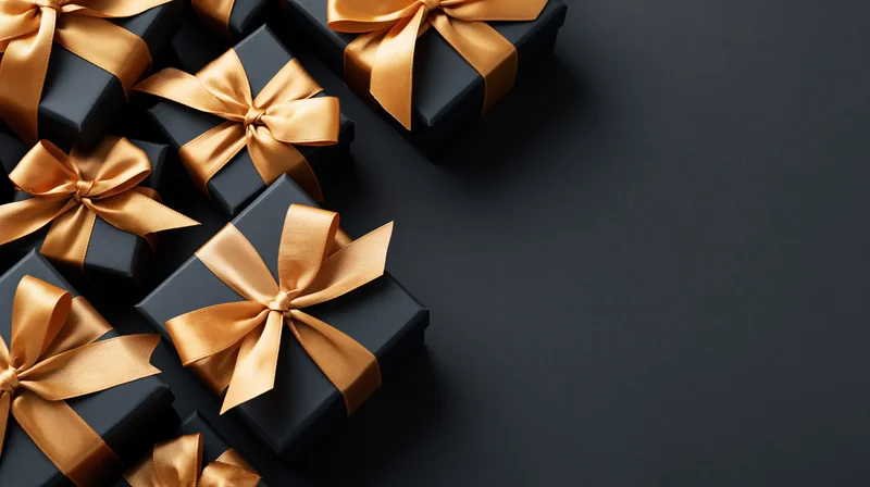 Matte black gift boxes tied with gold satin ribbons arranged in a cluster on a dark surface with copyspace