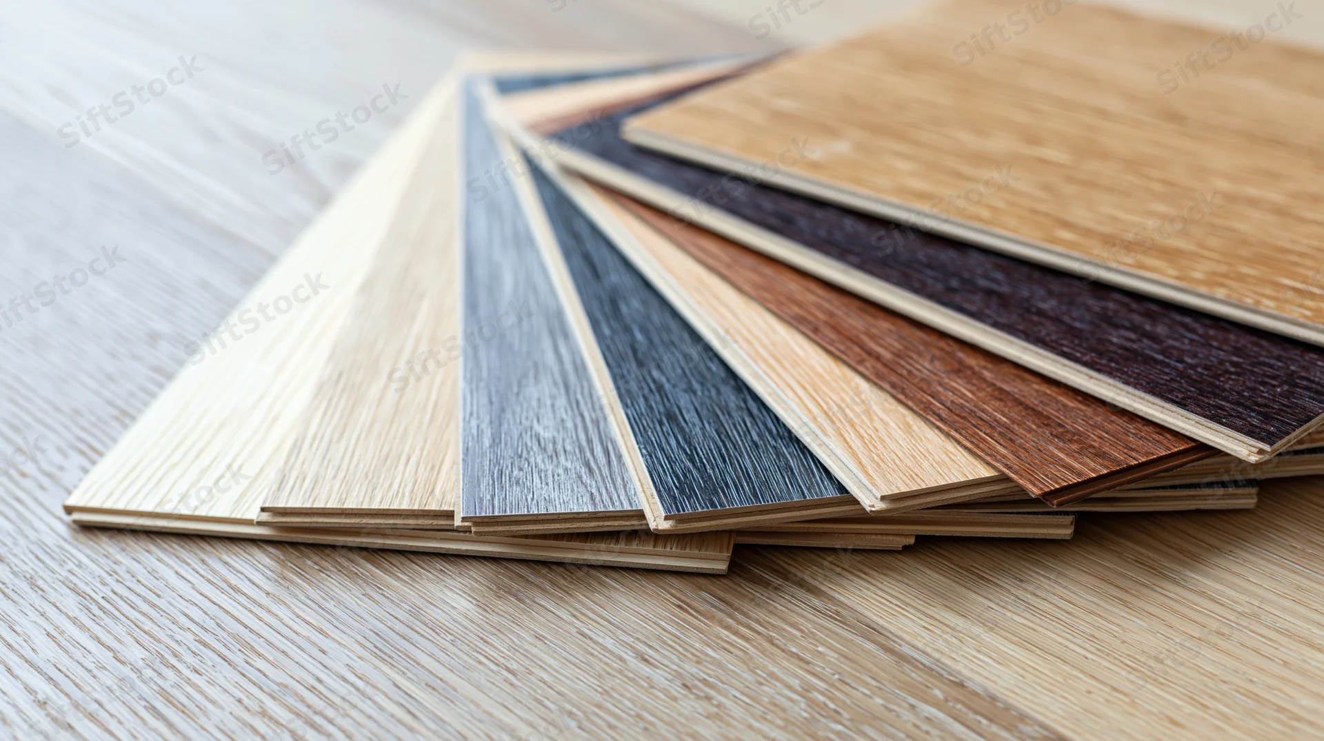Wood flooring sample planks fanned out on light oak surface