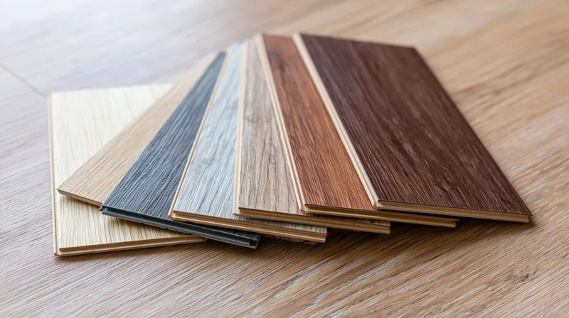 Wood flooring sample planks fanned out on light oak floor