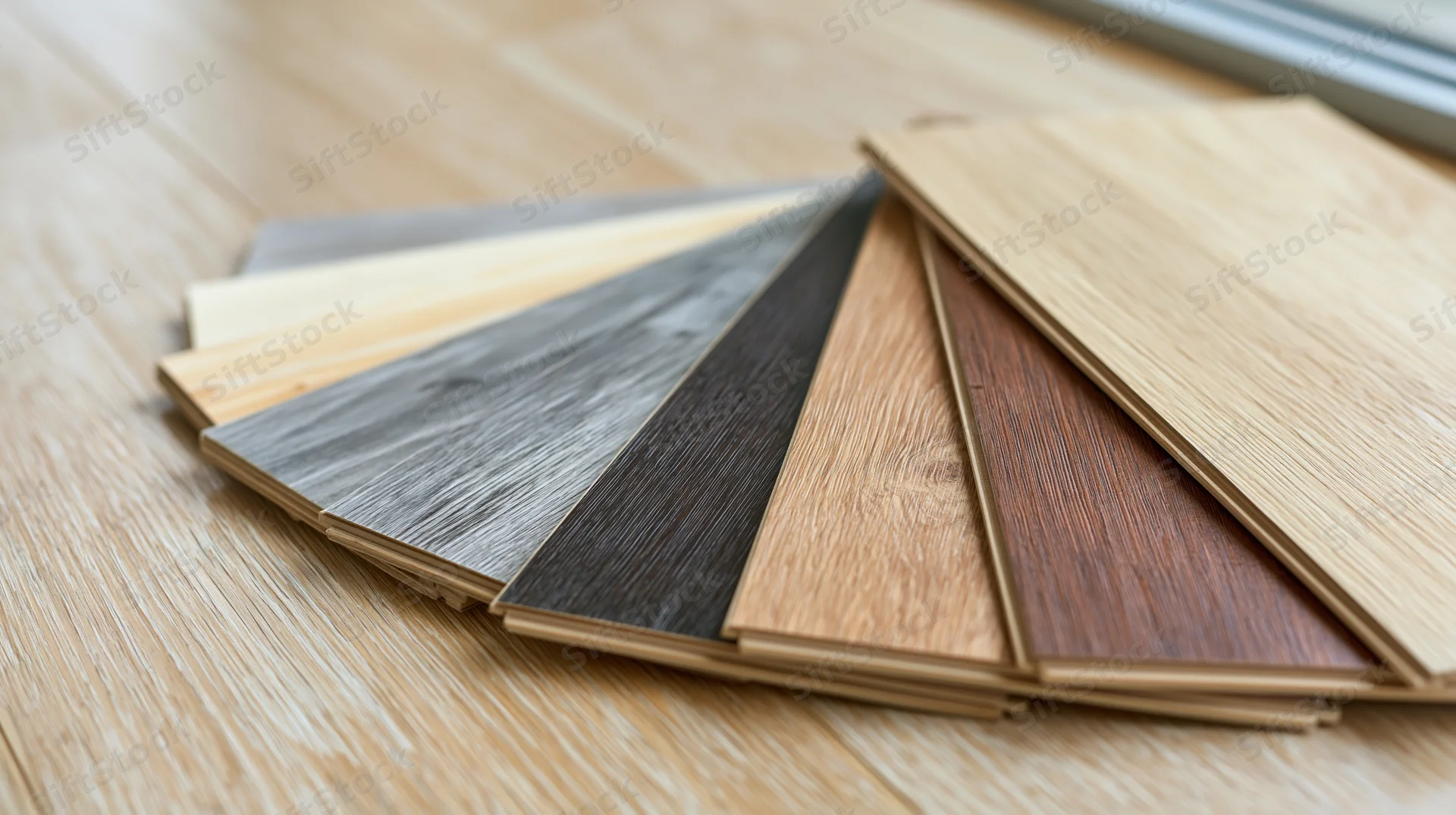 Wood flooring samples fanned out on a light oak floor