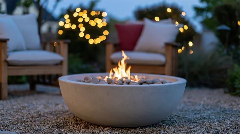 Shallow concrete fire bowl with small flame burning over pebbles on gravel patio at twilight, surrounded by cushioned chairs and string lights