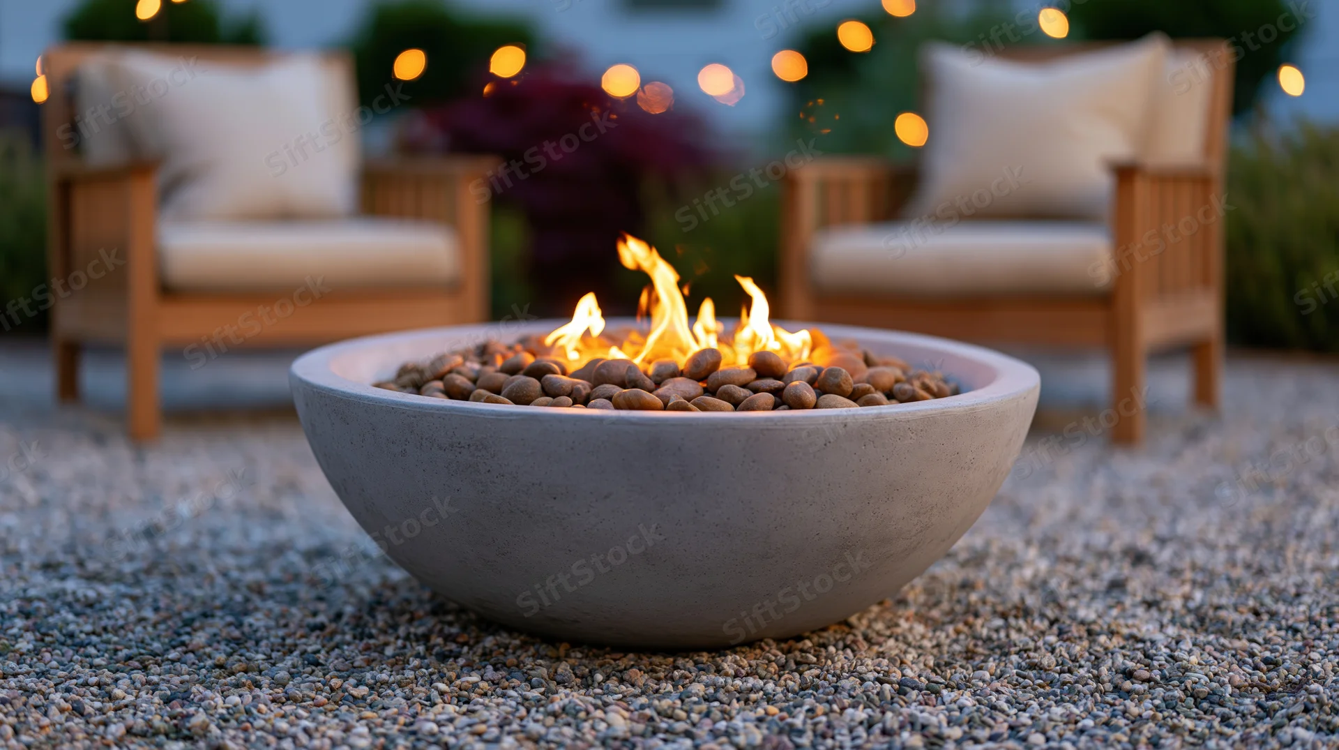 Shallow concrete fire bowl with small flame burning over pebbles on gravel patio at twilight, flanked by wooden chairs with cushions