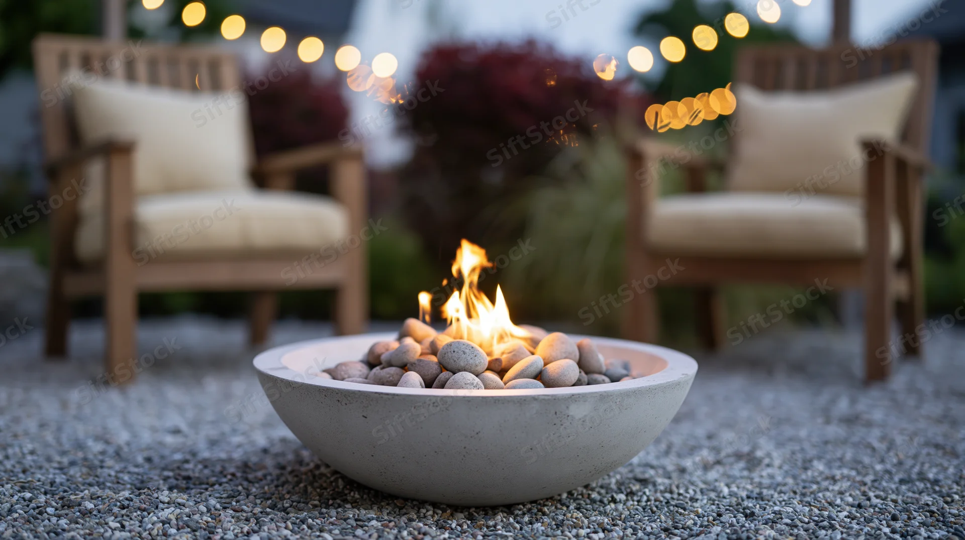 Shallow concrete fire bowl with small flame burning on gravel patio at twilight, flanked by wooden chairs with cushions and string lights above