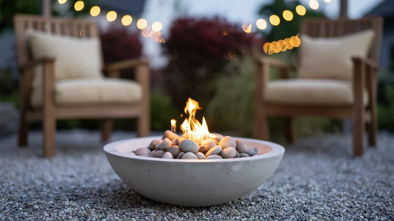 Shallow concrete fire bowl with small flame burning on gravel patio at twilight, flanked by wooden chairs with cushions and string lights above