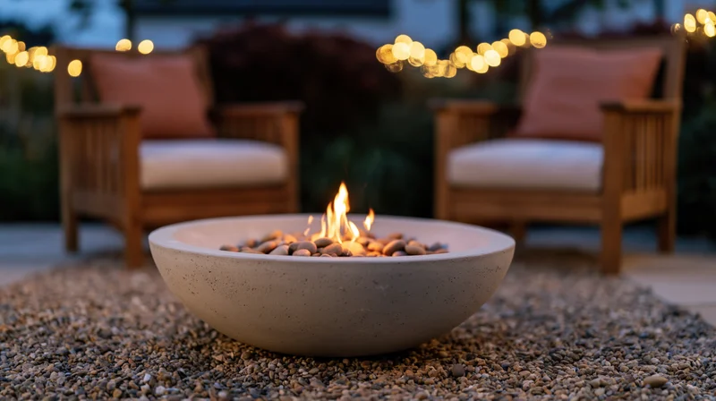 Shallow concrete fire bowl with small flame burning on gravel patio at dusk, flanked by wooden chairs with cushions and string lights above