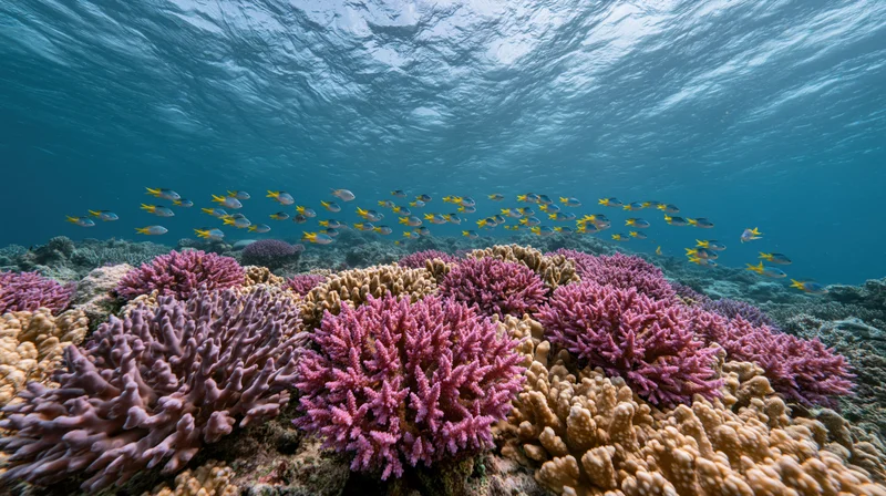 Colorful coral formations on shallow reef with school of small tropical fish swimming above under sunlit ocean surface