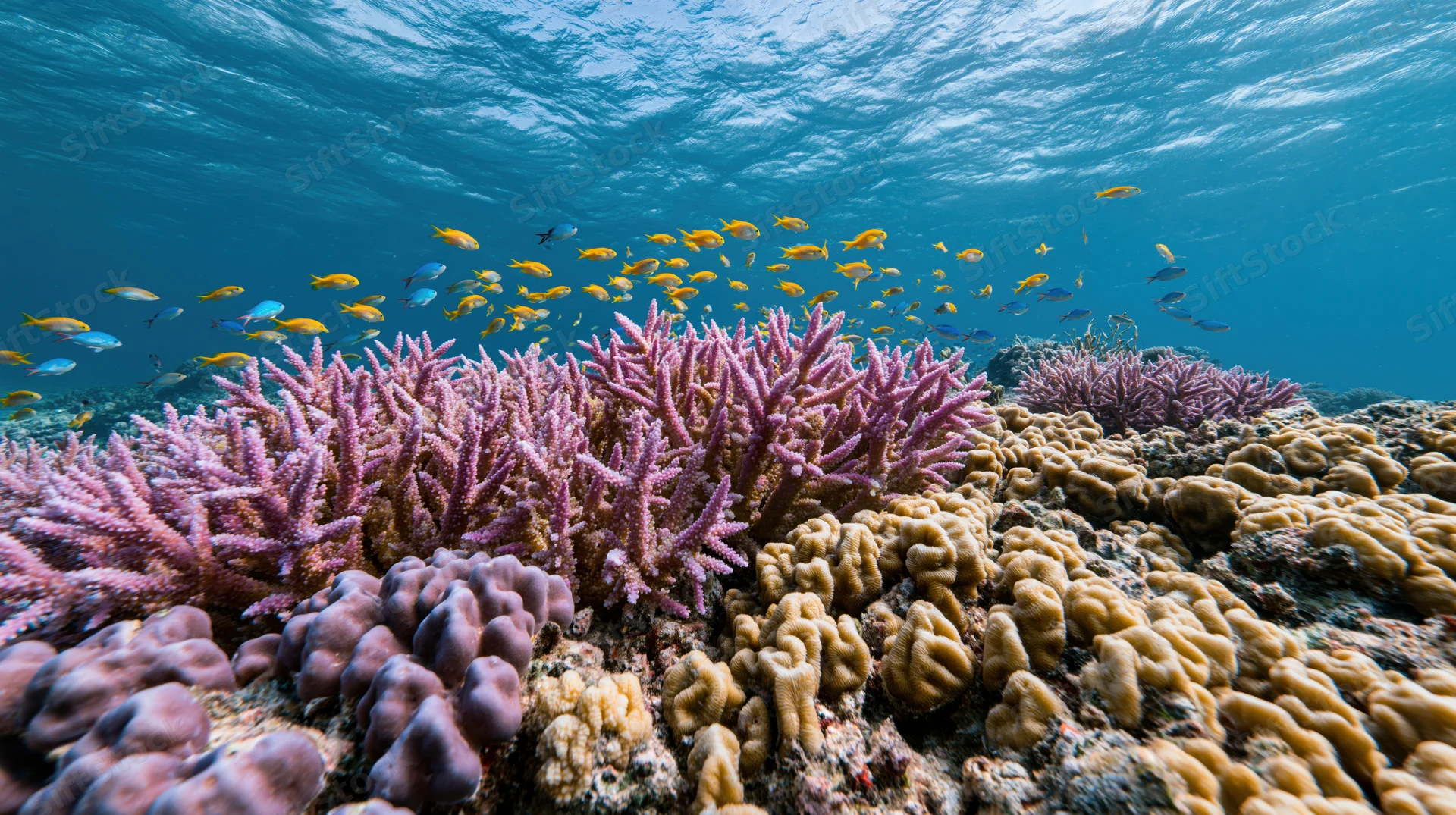 Vibrant coral reef with schools of tropical fish swimming above in shallow ocean water