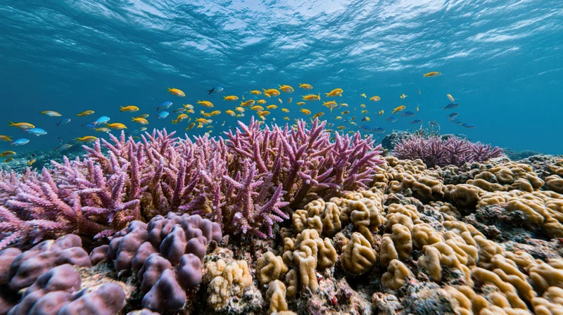 Vibrant coral reef with schools of tropical fish swimming above in shallow ocean water