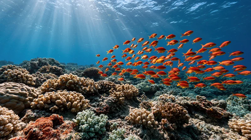 School of orange fish swimming over coral reef in shallow ocean water with sunlight beams filtering through surface