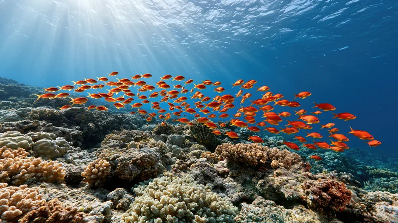 School of orange fish swimming over coral reef in shallow ocean water with sunlight rays filtering through surface