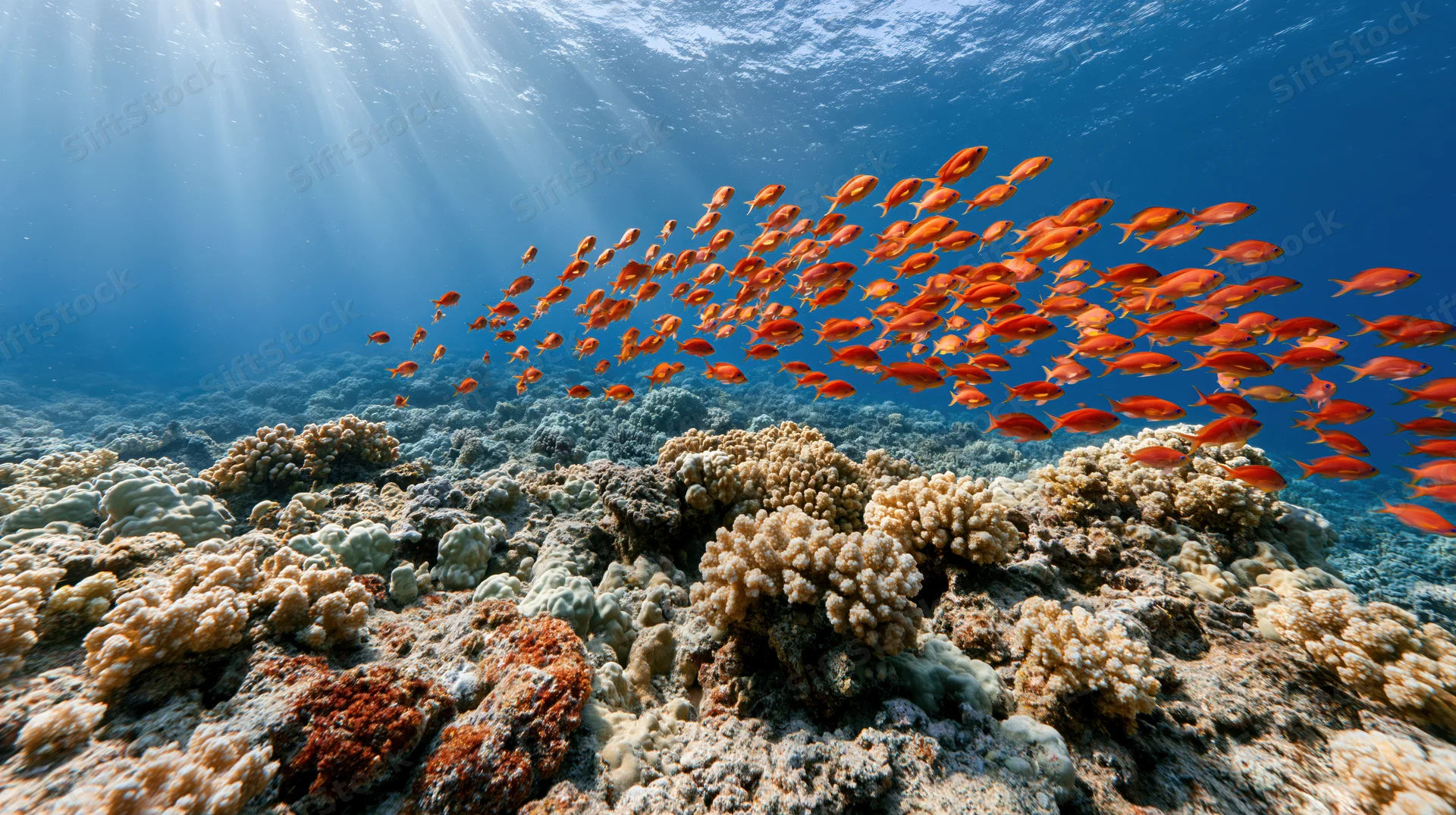 School of orange fish swimming over shallow coral reef in clear blue ocean water with sunlight beams filtering through surface