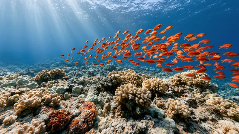 School of orange fish swimming over shallow coral reef in clear blue ocean water with sunlight beams filtering through surface