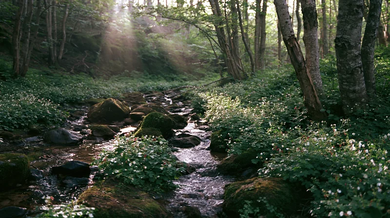 Shallow stream winding between mossy rocks in a sunlit forest