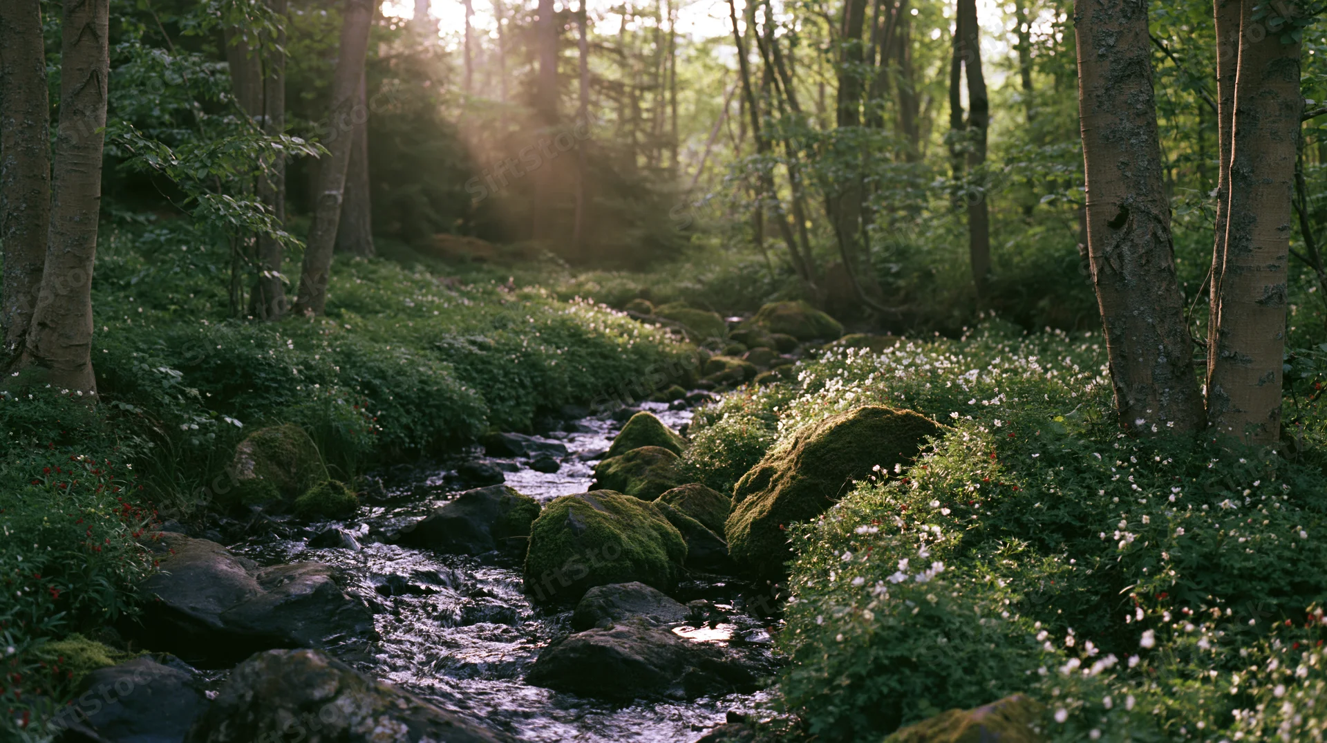 Shallow forest stream winding between mossy rocks surrounded by trees and greenery at golden hour