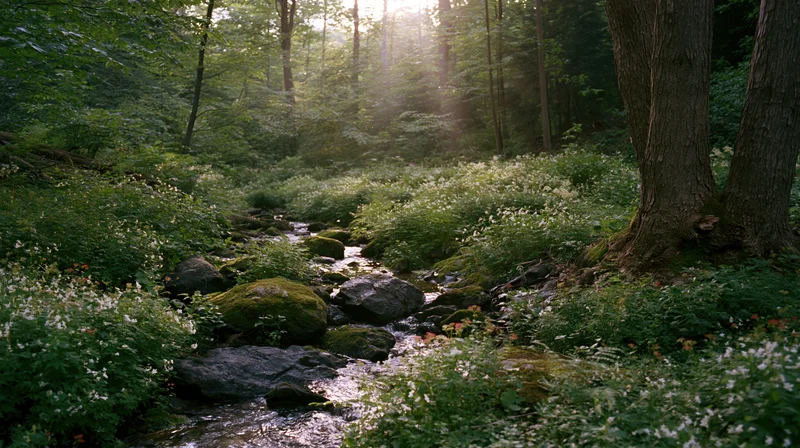Shallow stream winding between mossy rocks in a sunlit forest