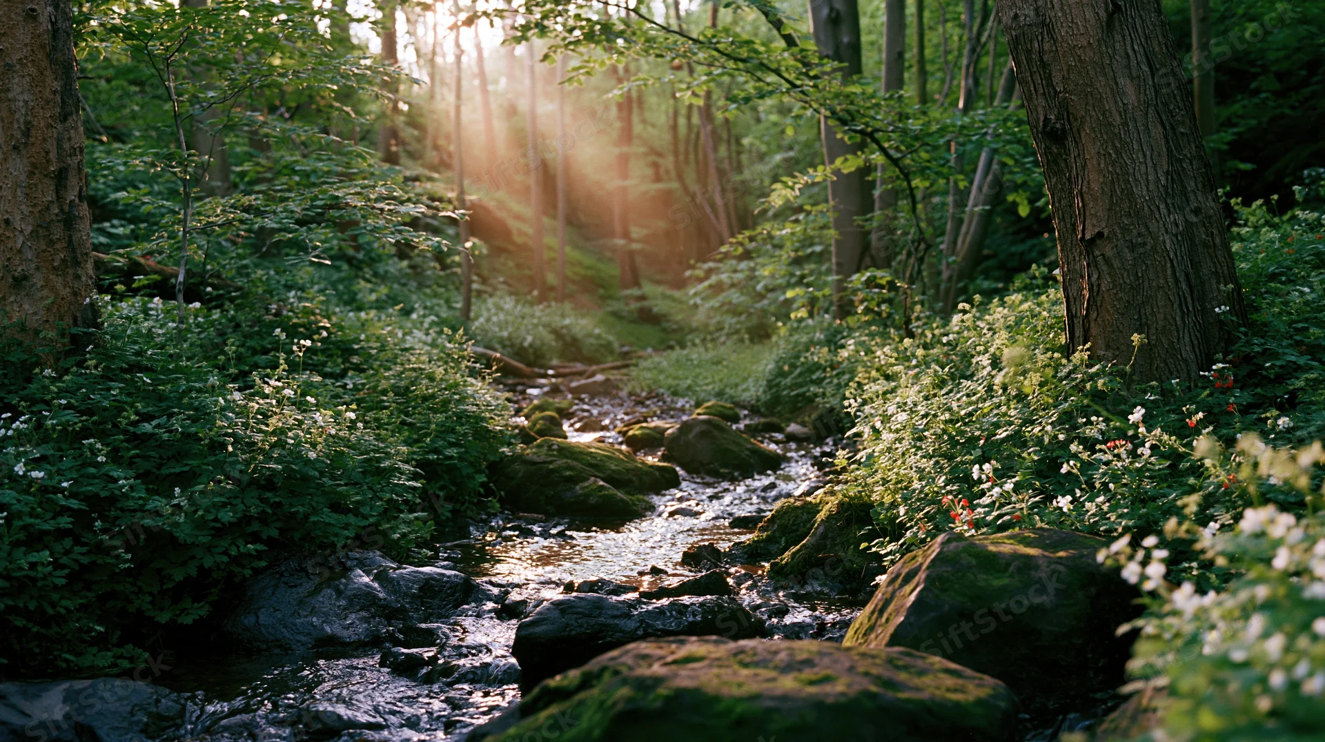 Shallow stream winding between mossy rocks in a sunlit forest
