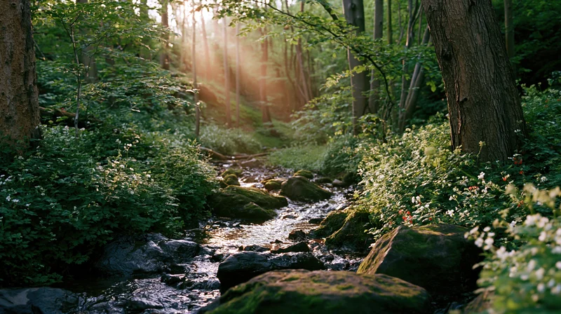 Shallow stream winding between mossy rocks in a sunlit forest
