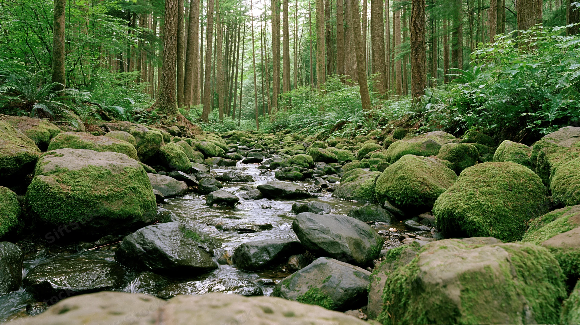 Shallow rocky stream winding through dense temperate forest with moss-covered boulders and tall trees