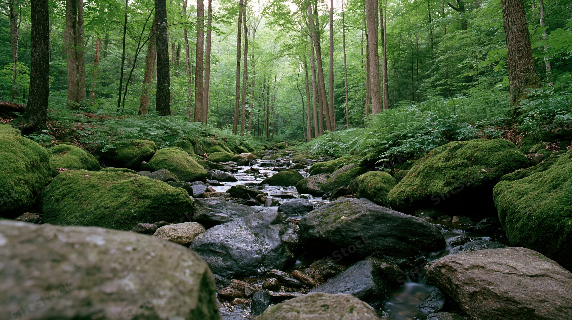 Shallow rocky stream winding through dense temperate forest with moss-covered boulders and tall trees