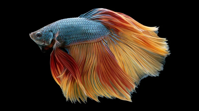 Siamese fighting betta fish with flowing multicolored fins suspended in mid-water against black background