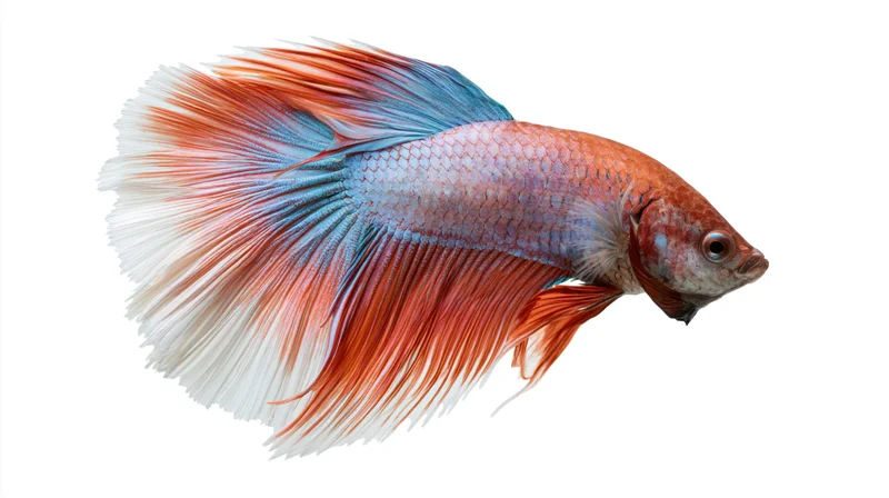 Siamese fighting fish swimming in profile full body visible isolated on white background
