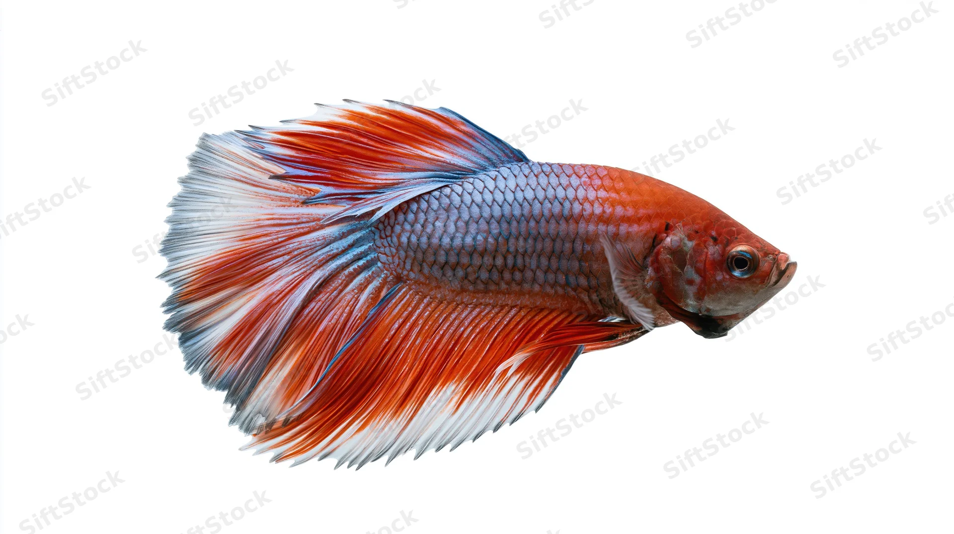 Siamese fighting fish swimming in profile full body visible against white background